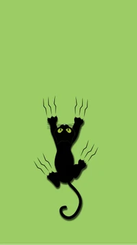 Playful Black Cat with Clawed Paws on Green Background