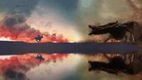 Epic Confrontation: Daenerys Targaryen's Dragon Overlooking a Distant Rider Amidst a Smoky Landscape