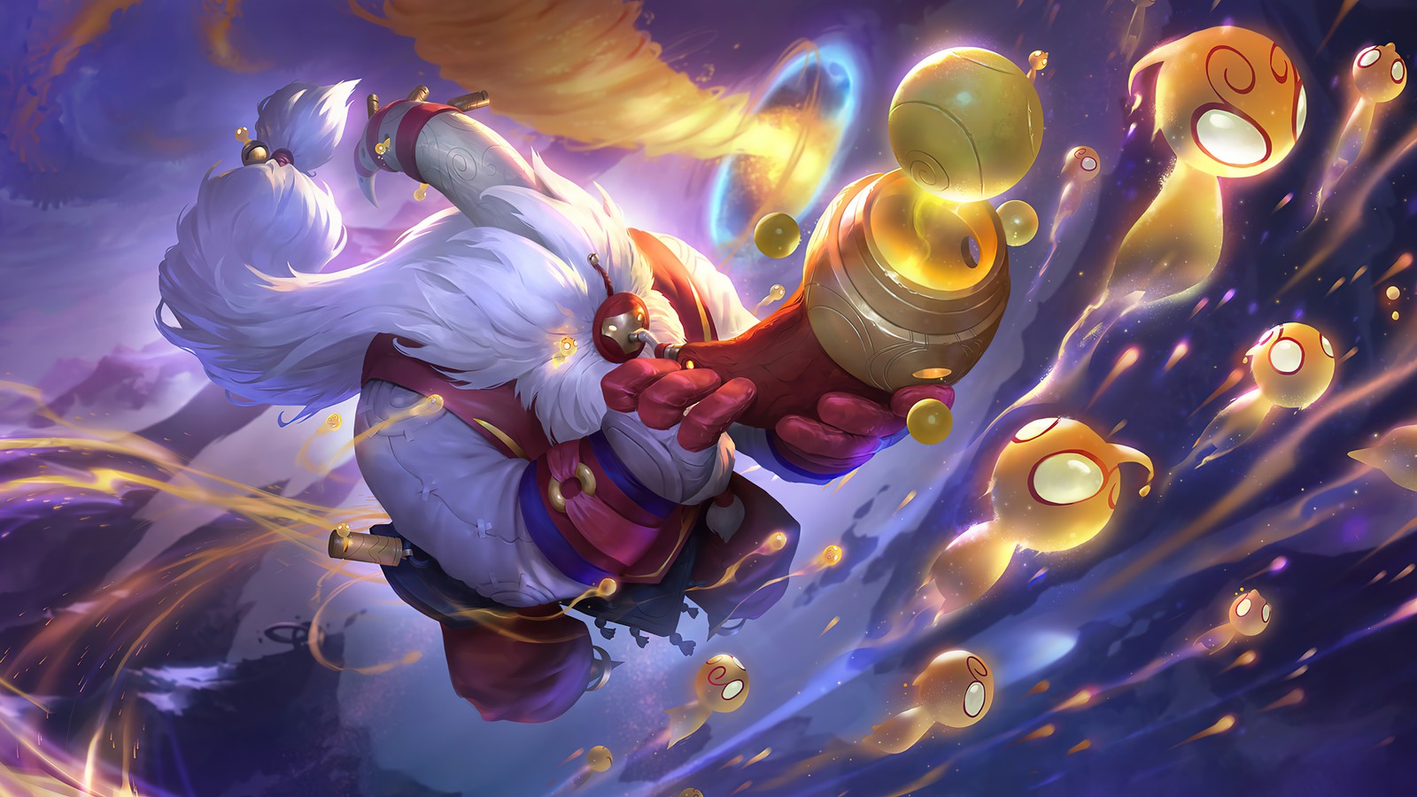 Une image de dessin animé d'un homme avec une barbe blanche et un chapeau rouge tenant une lanterne dorée (barde, lol, league of legends, legends of runeterra, lor)