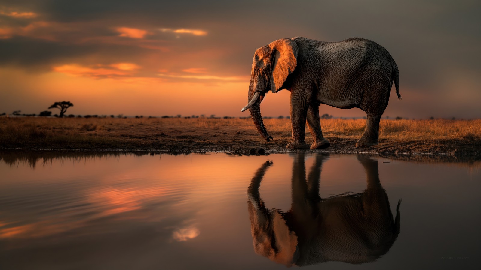 Um elefante em pé na água ao pôr do sol com seu reflexo (elefante, água, reflexo, animais)