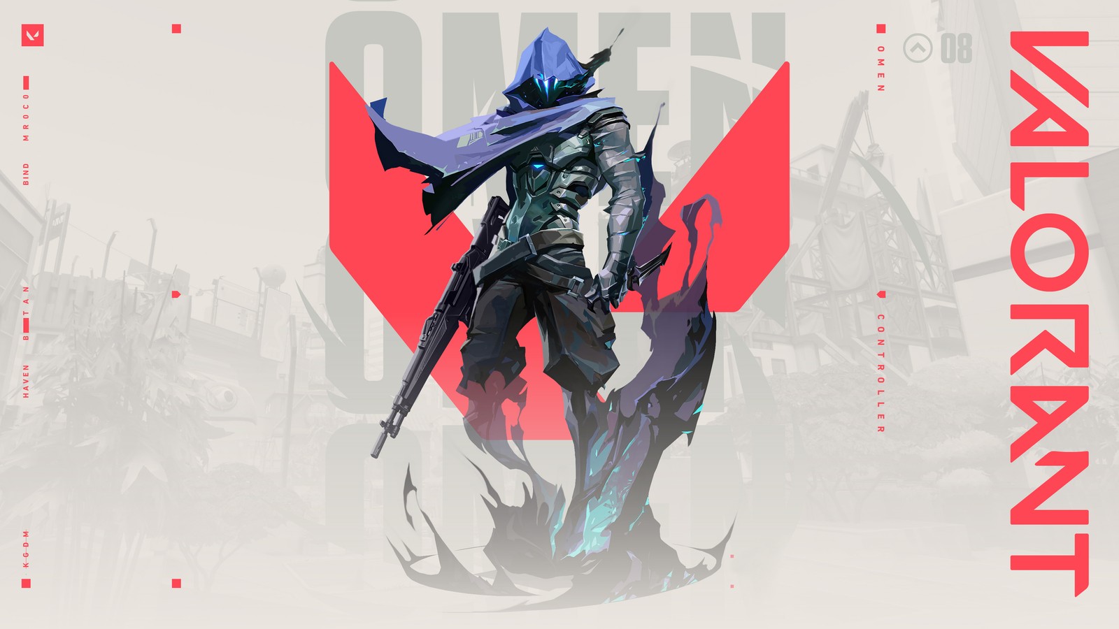 A man in a blue hat and cloak holding a sword (omen, valorant, video game)