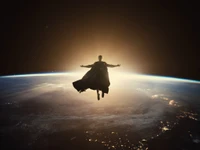 Superman vuela sobre la Tierra contra un horizonte cósmico