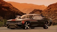 Стильный мускул-кар Dodge Challenger с яркой настройкой на фоне драматичного горного пейзажа.