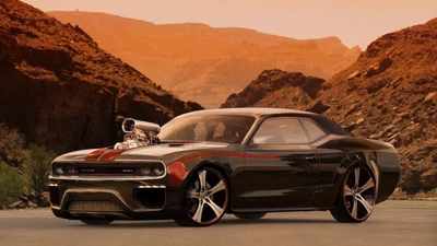 Eleganter Dodge Challenger Muscle Car mit kühner Tuning, vor einer dramatischen Berglandschaft.