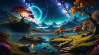 dreamy, landscape, surrealism, mountains, mystical sky wallpaper