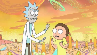 Rick e Morty em uma paisagem alienígena, apresentando a expressão animada de Rick e o comportamento ansioso de Morty.