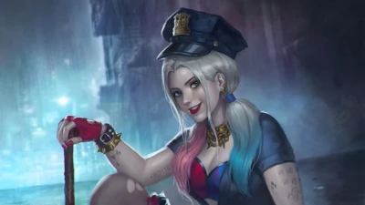 Harley Quinn en un uniforme de policía, exudando una actitud juguetona pero atrevida, contra un fondo urbano desgastado.