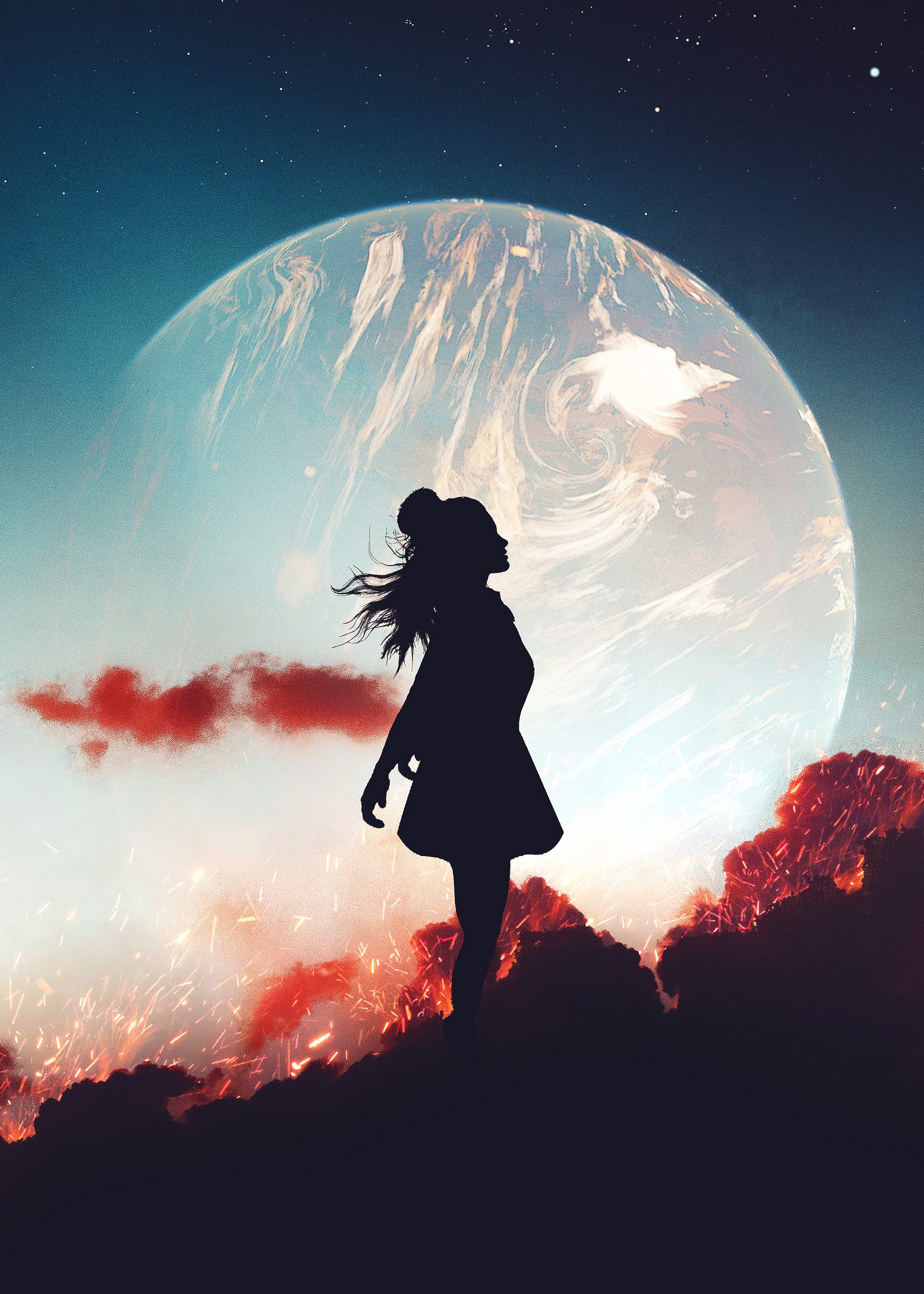 alone, girl, silhouette, mood, planet Download Wallpaper