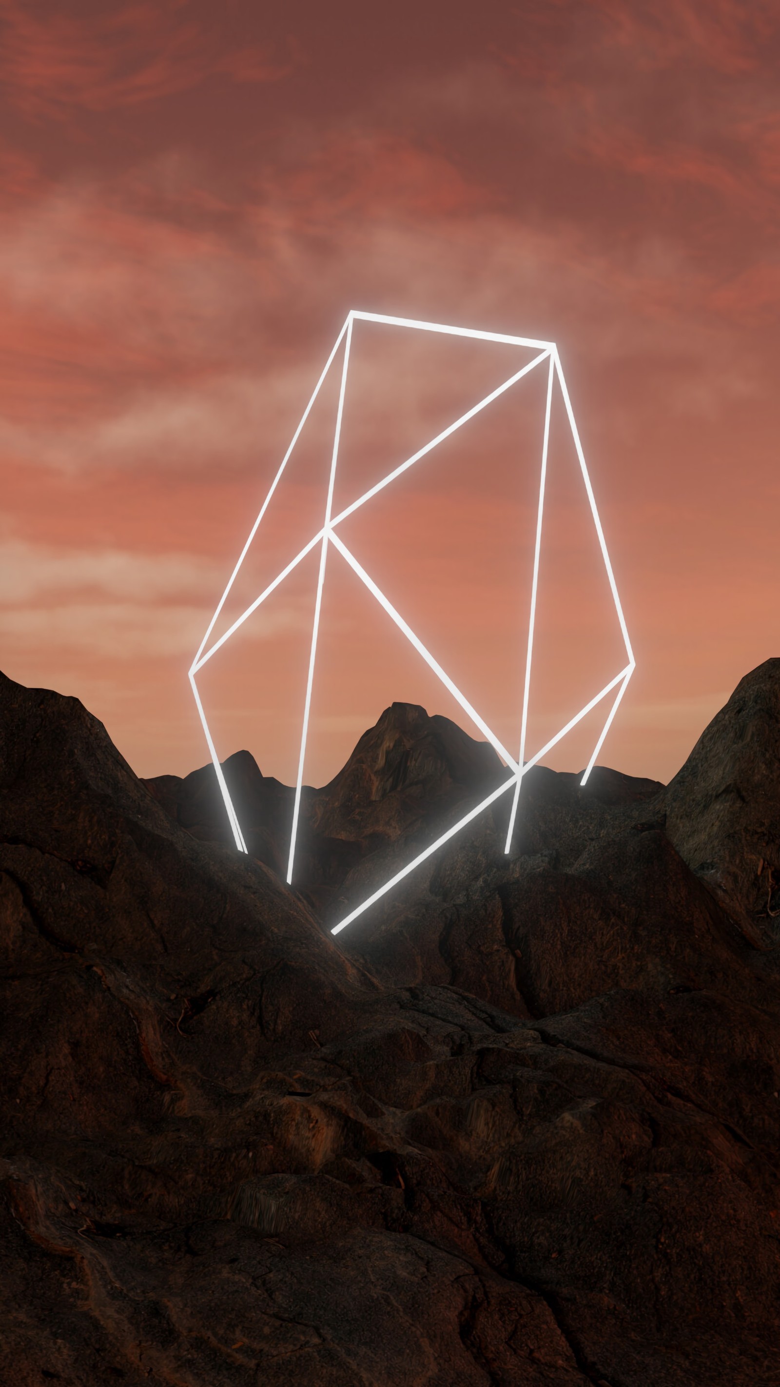 Arafed image of a geometric object in the middle of a rocky landscape (triangle, rock, pyramid, space, illustration)