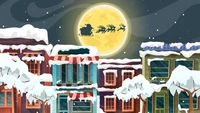 Santa Claus on a sleigh soaring over snow-covered rooftops under a full moon.