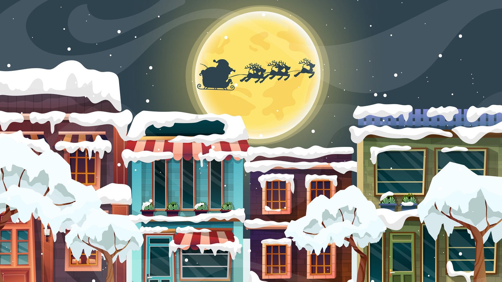 Uma ilustração de desenho animado de uma cidade de inverno com uma lua cheia e um trenó voando por cima (papai noel, trenó, natal, feriado)