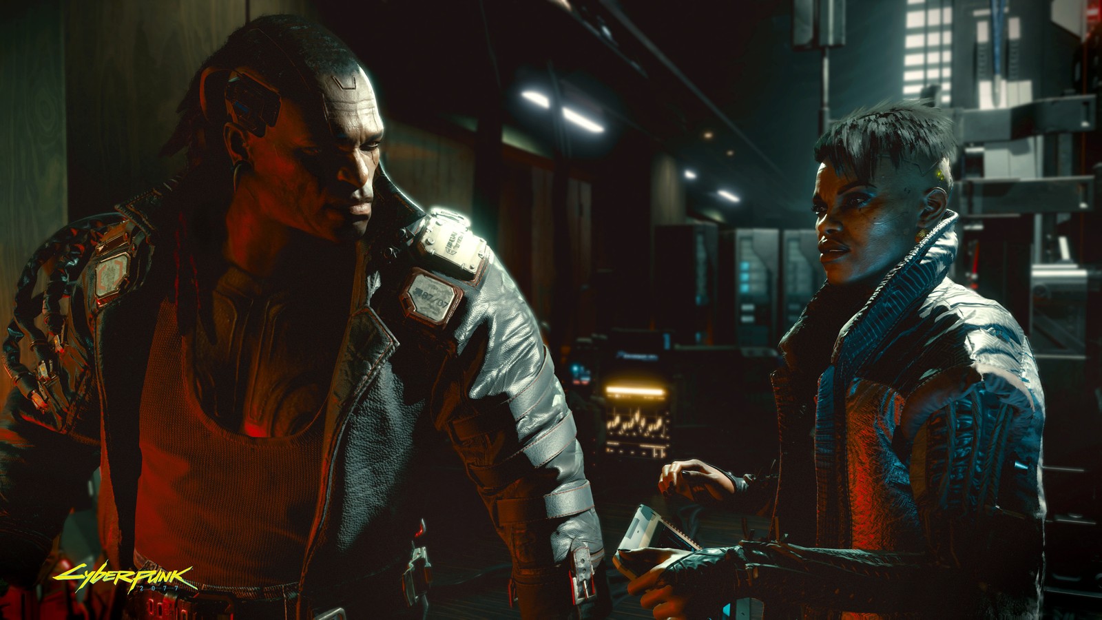 Un homme en veste en cuir et un homme en veste en cuir se tiennent côte à côte (cyberpunk 2077, jeu vidéo, placide, brigitte)