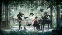 Yorha 2B et Lucia Enchantées dans un Concert dans une Forêt Mystique avec des Corbeaux Gris