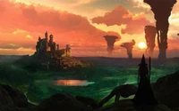 Castelo encantado ao amanhecer em uma paisagem de fantasia