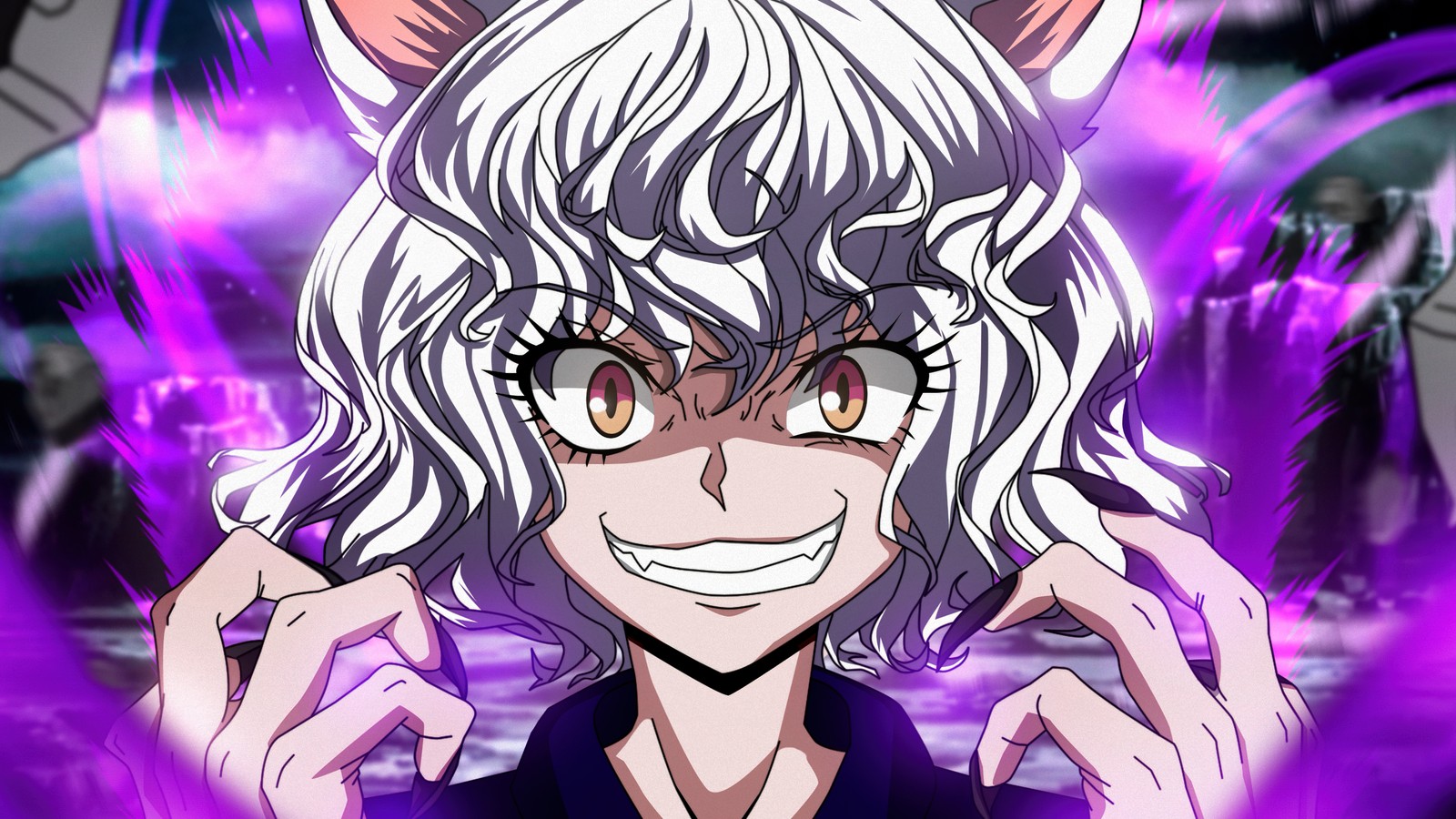 Un primer plano de una persona con orejas de gato y un fondo púrpura (neferpitou, arte de fans, 5k, anime, fondo de pantalla 4k)