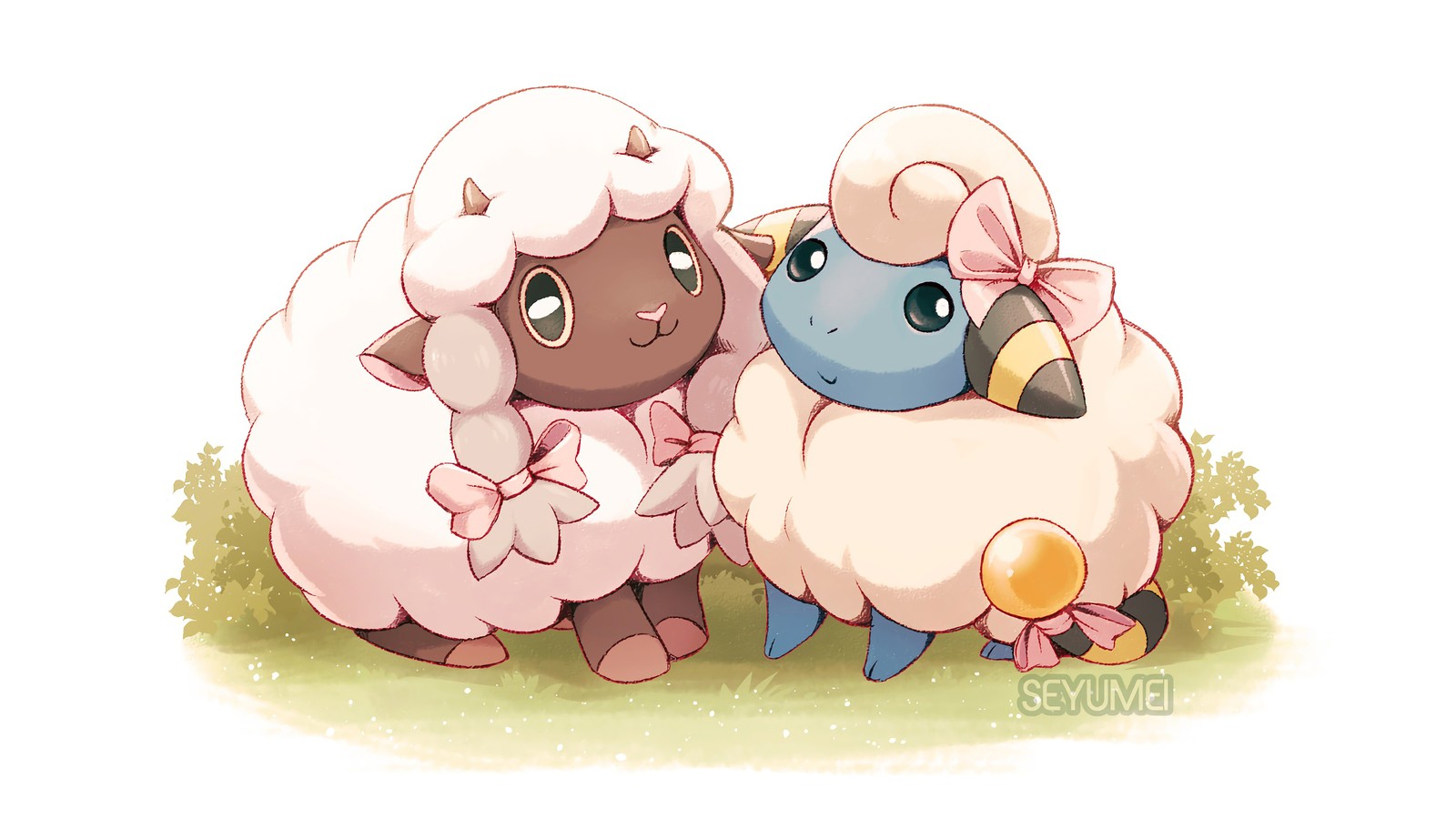 Две овцы сидят рядом друг с другом (вуллу, wooloo, марип, mareep, покемон меч и щит)