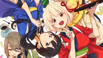 Chisato Nishikigi et Takina Inoue de Lycoris Recoil : Un rassemblement animé coloré