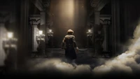 A mysterious figure stands in a dark, atmospheric setting, surrounded by columns and illuminated by a single beam of light, evoking themes of deception and adventure in a twisted fairy tale world.