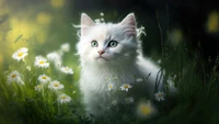 white fur, kitten, daisy flowers, green grass, white aesthetic