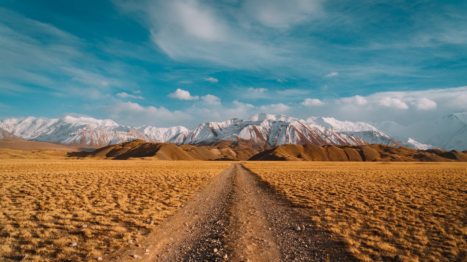 Uma estrada de terra no meio de um deserto com montanhas ao fundo (paisagem, deserto, montanha, ecorregião, wild)