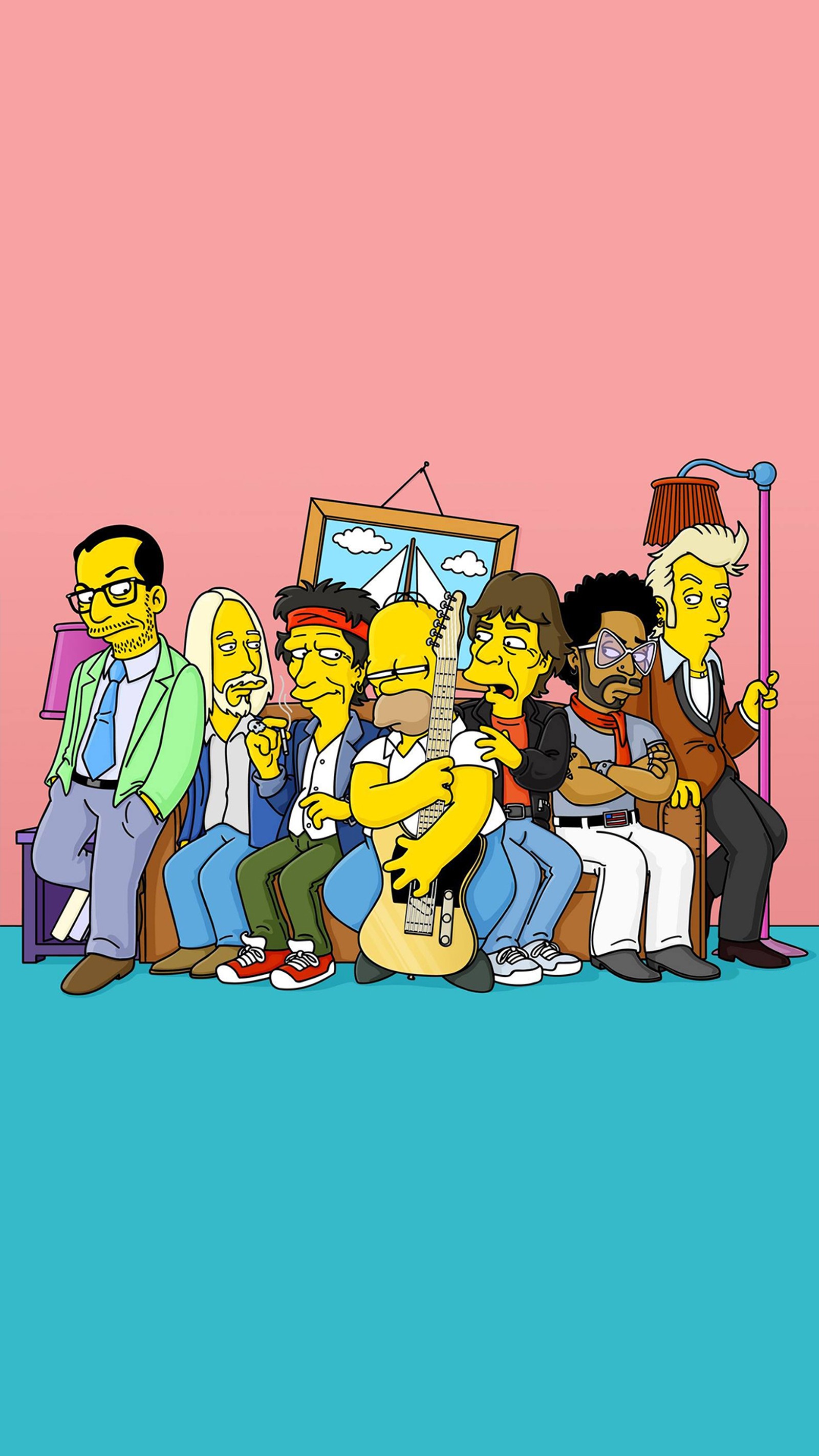 La familia simpson sentada en un sofá con una guitarra (homer simpson, músico, caricatura, arte, gesto)