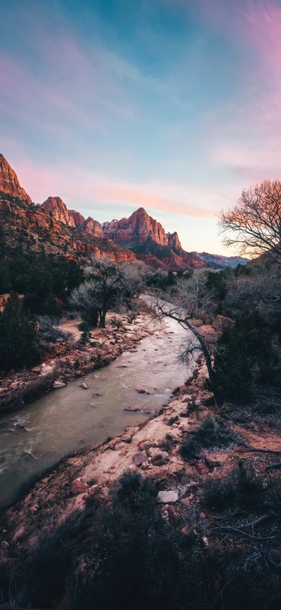 Serene Watercourse in Zion National Park Surrounded by Majestic Mountains and Trees