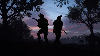 Soldados silueteados contra un cielo al atardecer en Call of Duty: Modern Warfare II