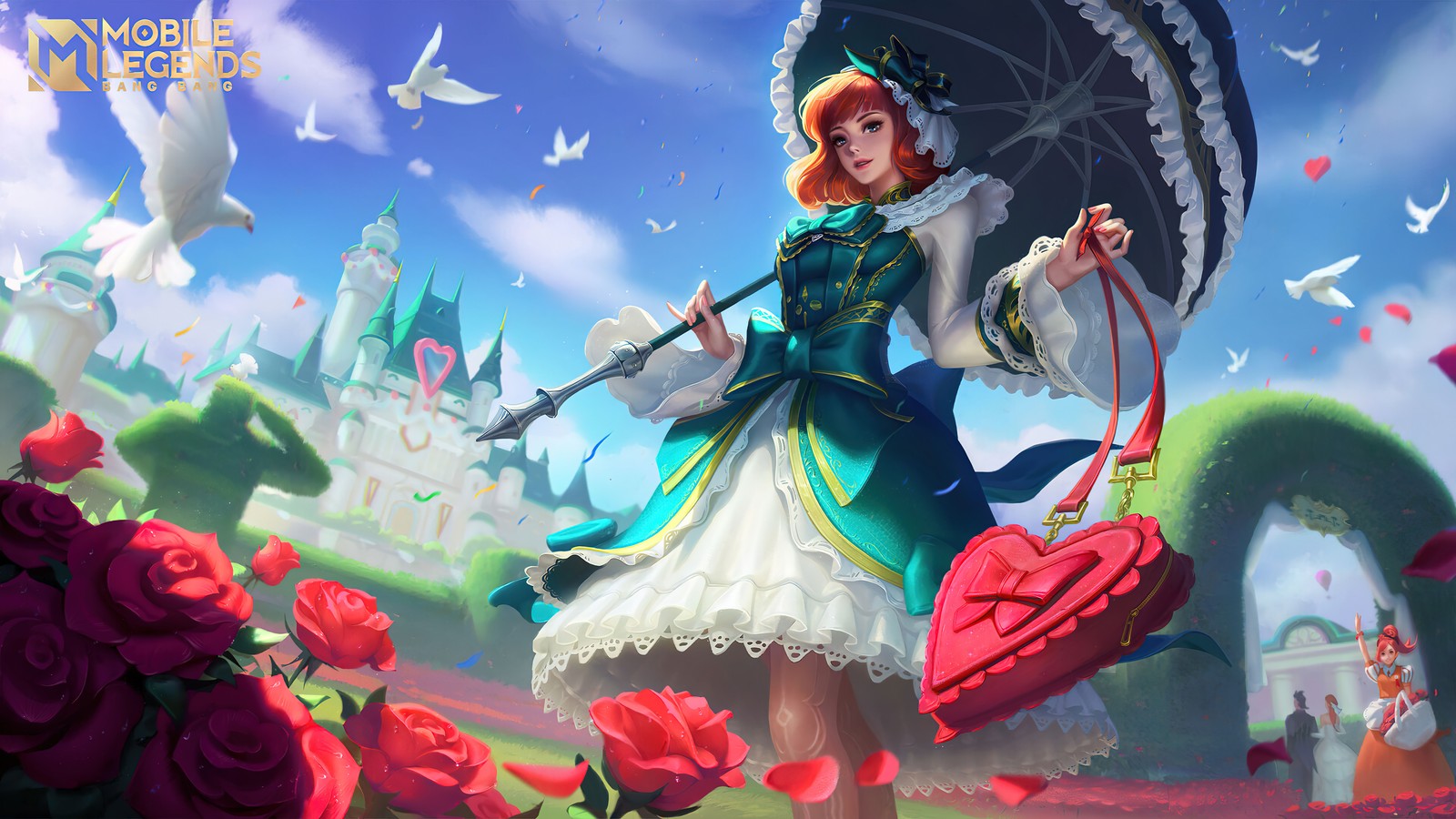 Une femme en robe tenant un parapluie dans un champ de fleurs (kagura, flower season, peau, mobile legends, bang bang)