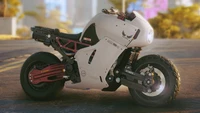 Motocicleta Brennan Apollo de Cyberpunk 2077 em uma estrada futurista