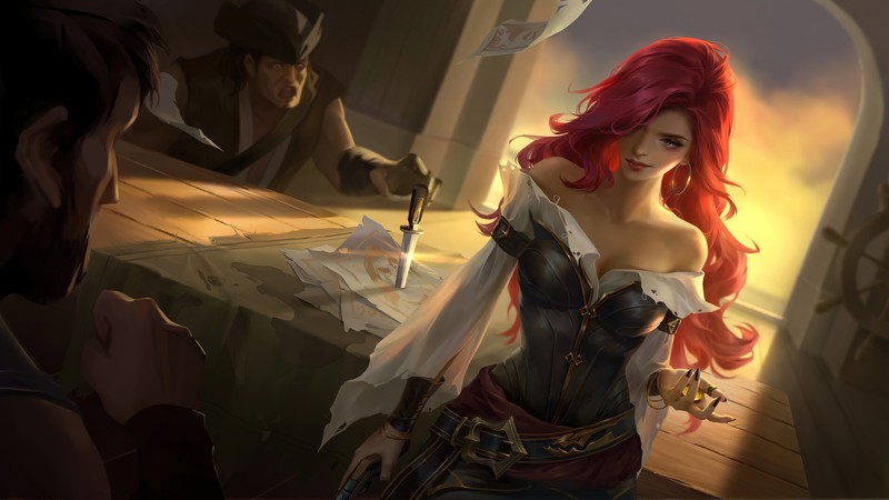 Женщина с красными волосами и мечом в комнате (мисс фортуна, miss fortune, искусство, league of legends, lol)