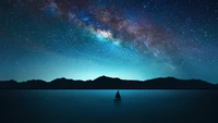 Milky Way Over Calm Waters with Sailboat Silhouette