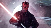 Darth Maul wielding a lightsaber in a cosmic Star Wars setting.