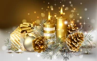 Golden Christmas Elegance: A Festive Still Life with Ornaments, Candles, and Natural Accents