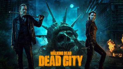 Walking Dead: Dead City - Survivors Maggie and Negan Amidst a Ruined Statue of Liberty