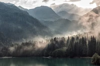 Spiegelung der nebligen Berge in einer bewaldeten Wildnis