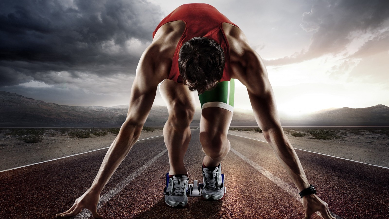 Vista distorcida de um corredor masculino em vermelho e verde começando a correr na estrada (atleta, músculo, recreação, associação esportiva, esportes)