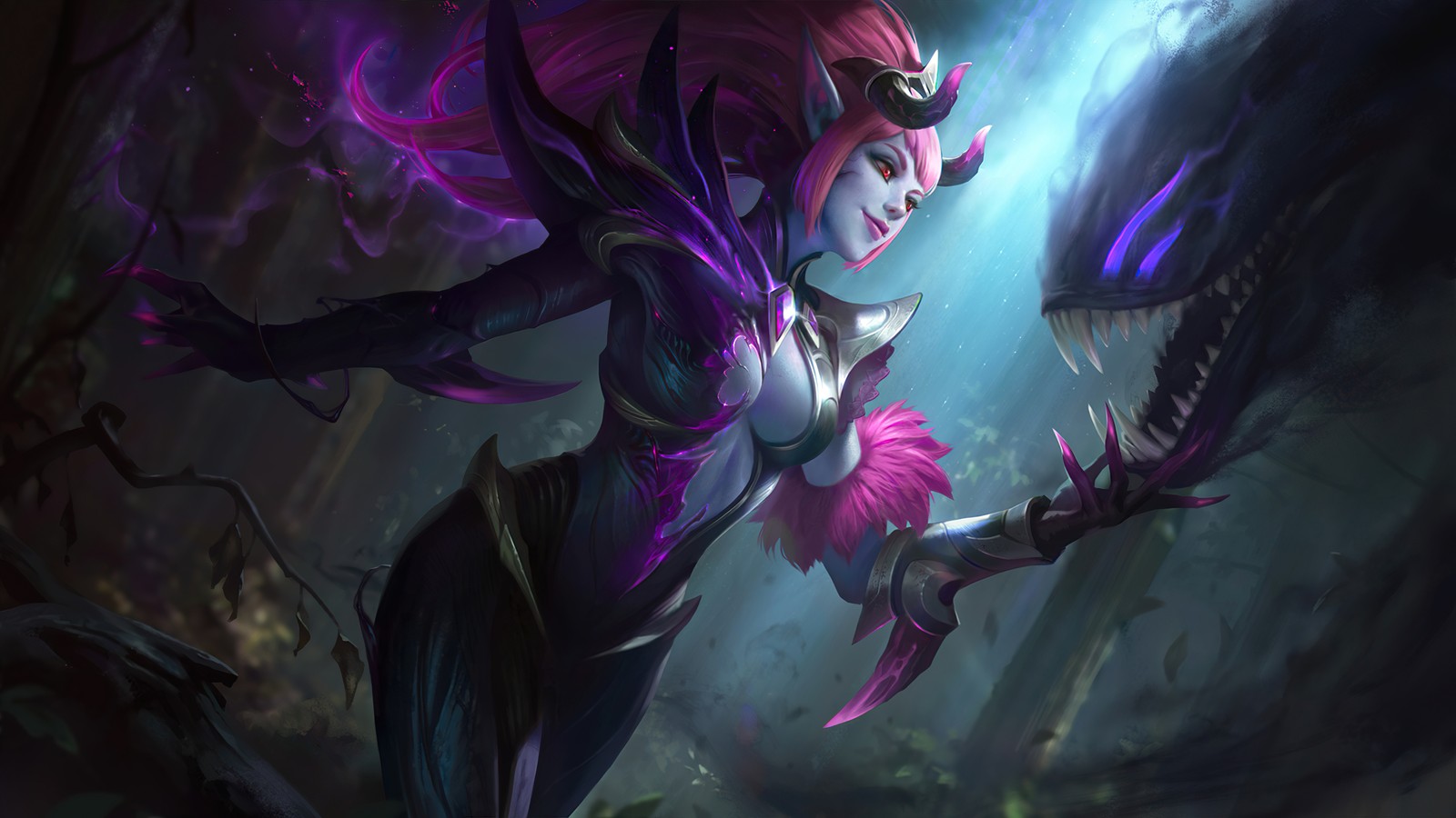 Une femme avec des cheveux roses et un costume violet tient une épée (selena, mobile legends, bang bang, ml, mlbb)