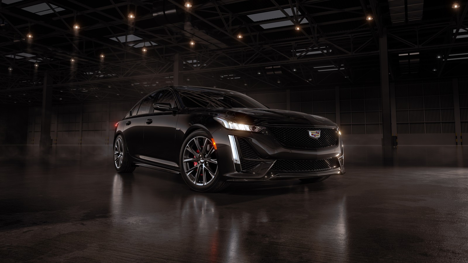 Un véhicule cadillac noir garé dans une pièce sombre avec les lumières allumées (cadillac ct5 v blackwing, esthétique sombre, 5k, 8k, noir foncé)