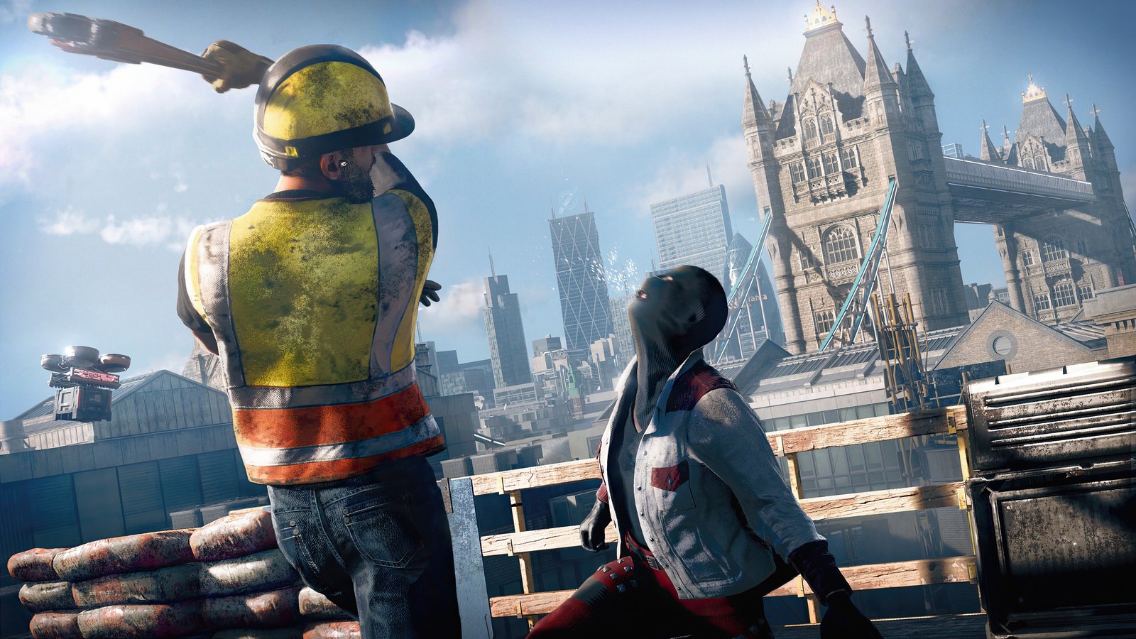 Image pixelisée de travailleurs de la construction debout sur un pont avec une ville en arrière-plan (watch dogs legion, jeu vidéo, construction worker, arthur griffin)