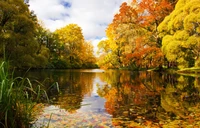 Reflets d'automne sur un lac tranquille entouré d'un feuillage vibrant