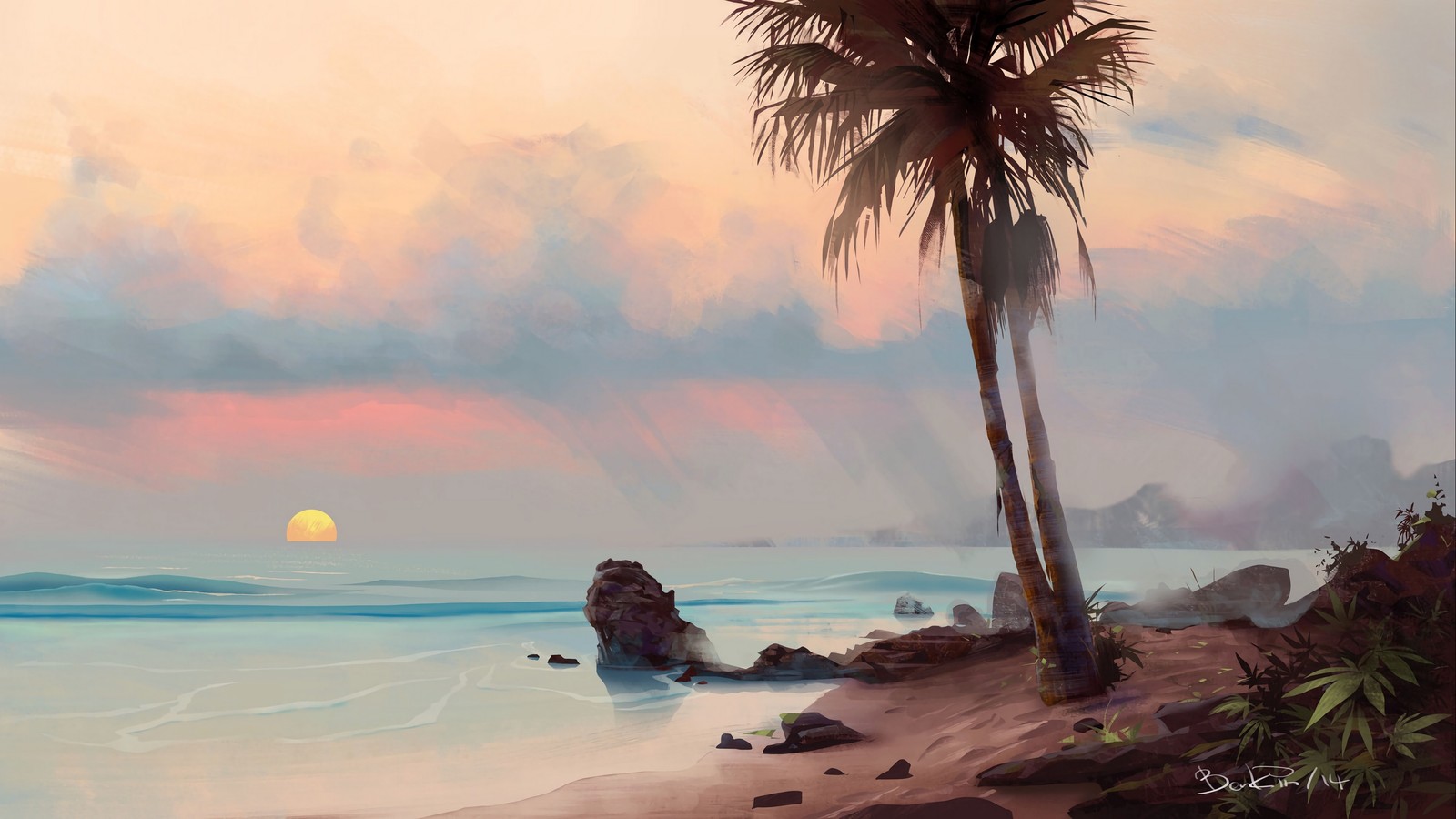 Painting of a beach with a palm tree and a sunset (painting, art, palm tree, tropics, sea)