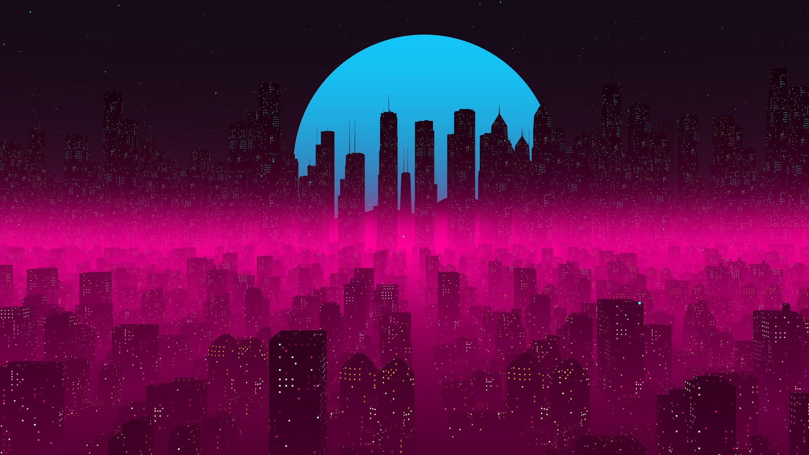 Um horizonte de cidade com uma lua rosa néon ao fundo (cidade, edifícios, arranha céus, arte digital)