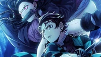 Tanjiro Kamado y Nezuko Kamado en un momento dramático de "Demon Slayer: Kimetsu no Yaiba", mostrando su vínculo y determinación contra enemigos formidables.