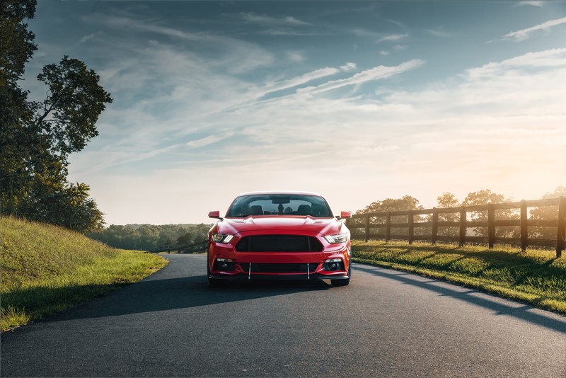 Красный мустанг едет по сельской дороге с забором на фоне (ford mustang, форд мотор компани, ford motor company, машина, ford)