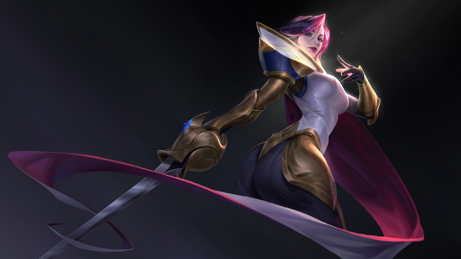 A woman in a purple and gold outfit holding a sword (fiora, league of legends, lol, video game, art)