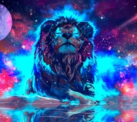 Vibrant Cosmic Lion Amidst a Stellar Background