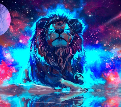 Vibrant Cosmic Lion Amidst a Stellar Background