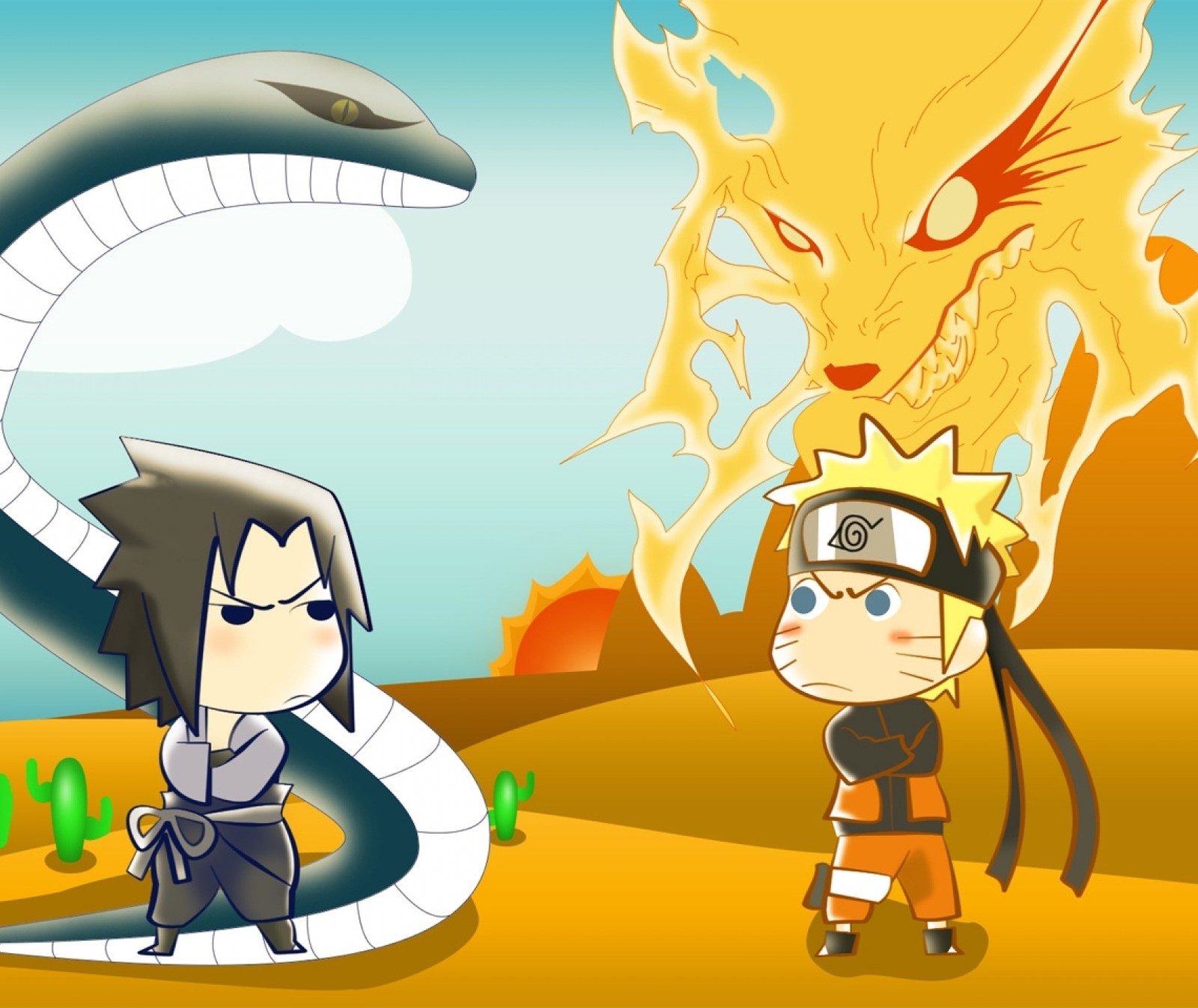 Dos personajes de dibujos animados están de pie frente a una serpiente gigante (naruto, shippuden)