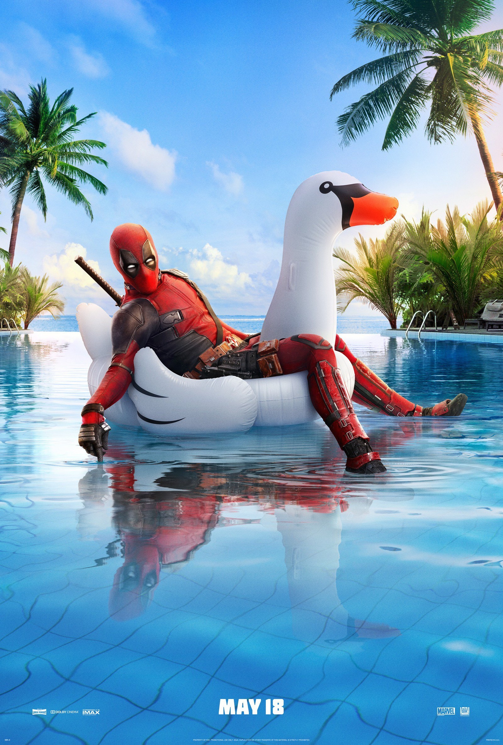 Deadpool está sentado en un pato en una piscina (deadpool 2, hd, marvel, película)