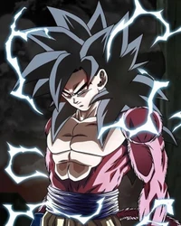 Goku na transformação Super Saiyajin 4 com aura elétrica